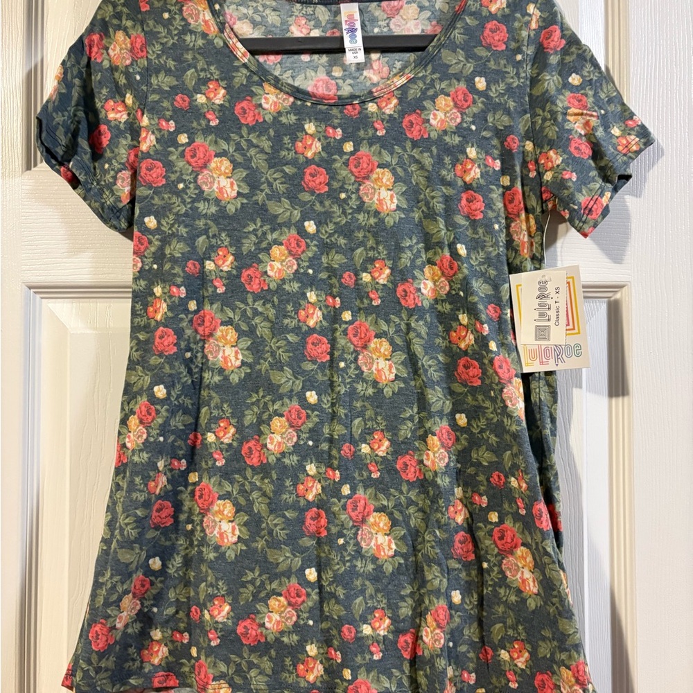 LuLaRoe Classic T-Shirt with Red and Cream Floral Pattern